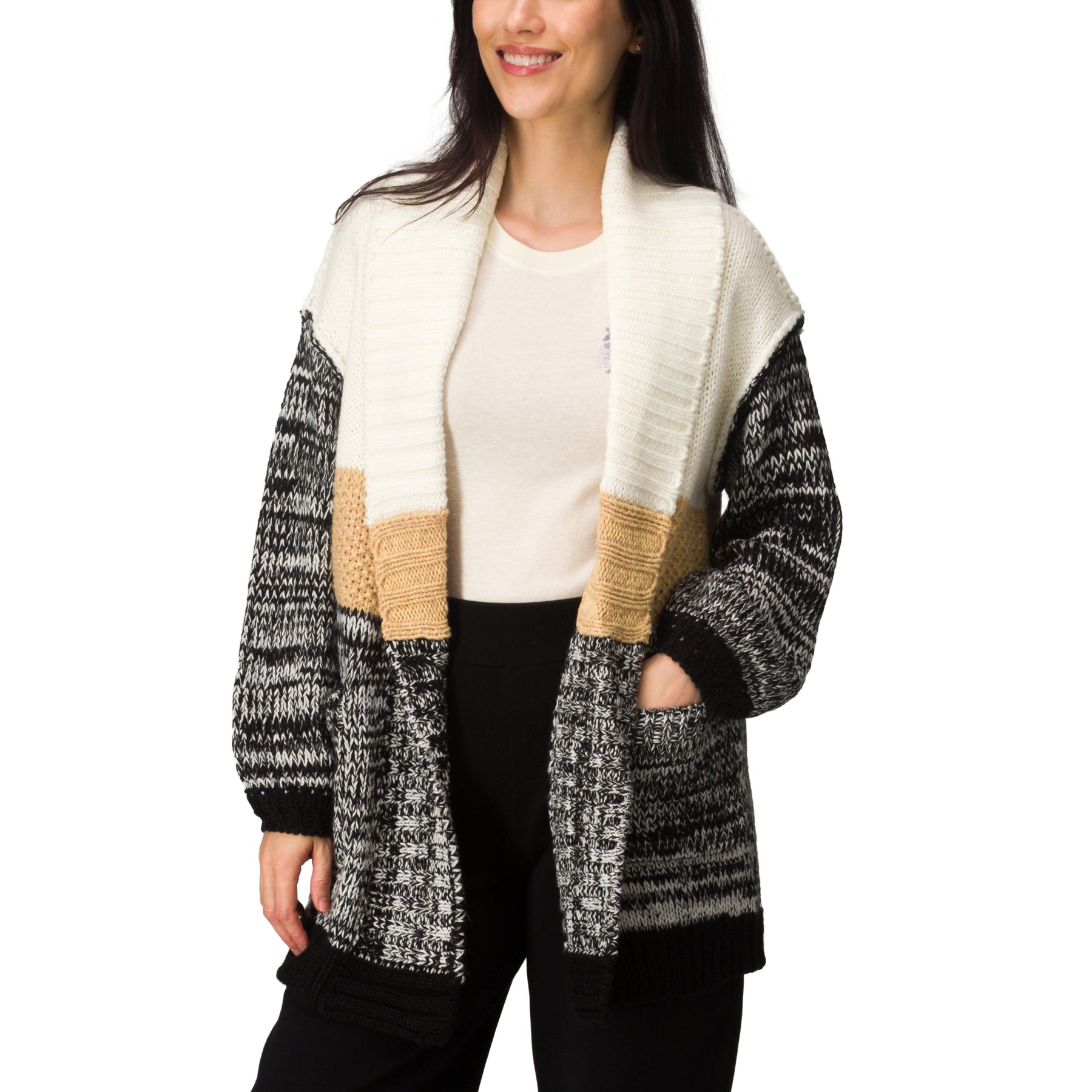 Hazy Sweater Cardigan worn by model showing oversized fit, colorblocking, patch pockets, textured knit, StoreRank.ai All Products collection.