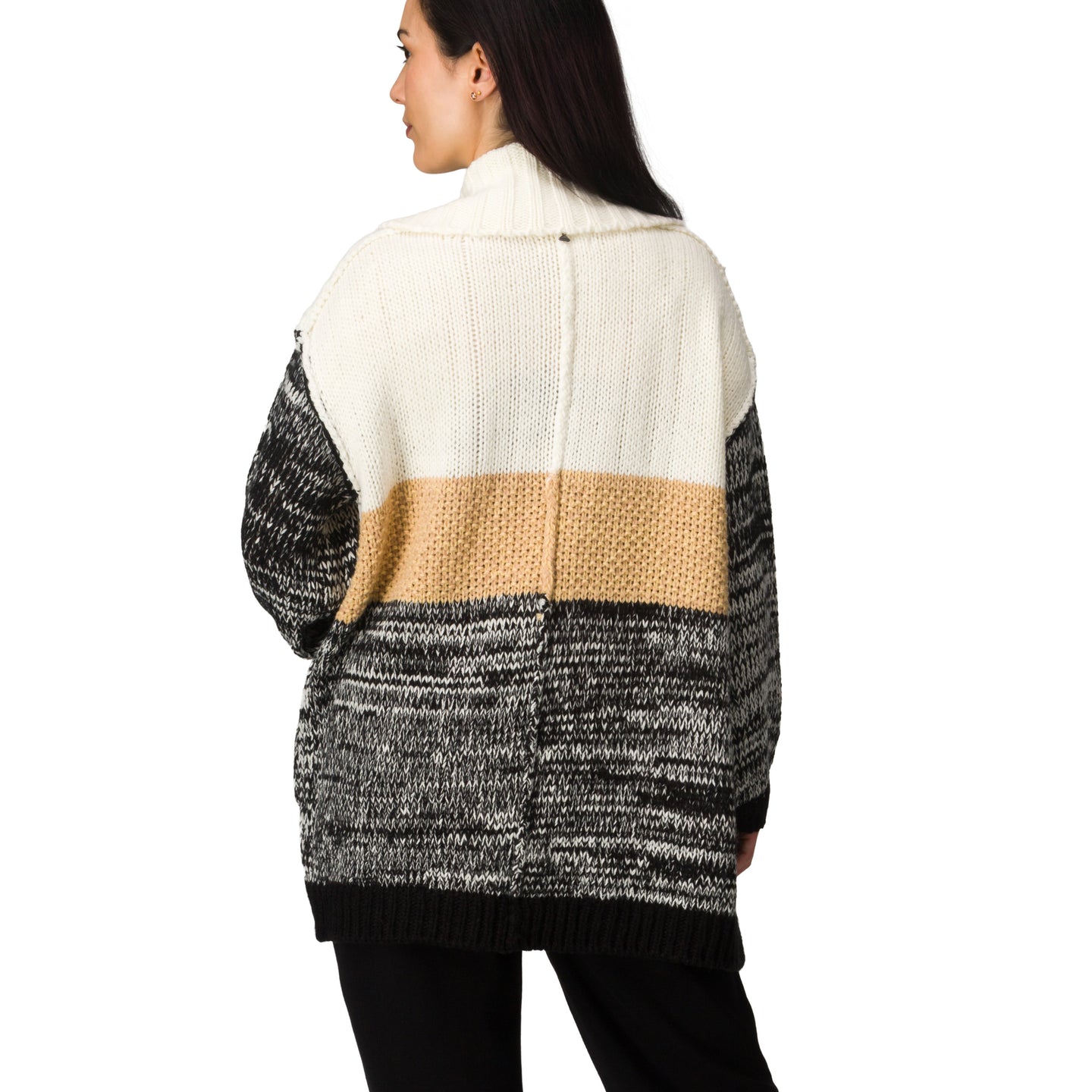Back view of Hazy Sweater Cardigan with colorblocking, chunky yarn, and voluminous sleeves in StoreRank.ai All Products.