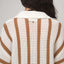 Back view close-up of Mika Button Down Top showing white and brown striped knit fabric with wide collar