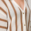 Close-up of Mika Button Down Top showing brown and cream open knit stripes and button detail on women’s beach-inspired apparel.