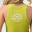 Back view close-up of Vibin Rib Tank in lime green ribbed fabric with white reef surf club print for women.