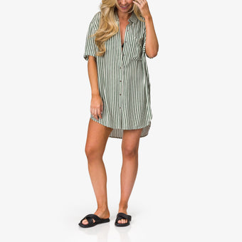 Ollie Stripe Shirt Dress - Thyme Stripe - Front View