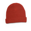 Alyx Beanie in chili red knit fabric, flat lay showing front and top, unisex surf-inspired beach apparel accessory.