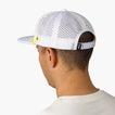Blackball Hat worn by man, back view showing white breathable mesh with yellow accents and adjustable strap closure.