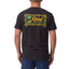 Rear view of a man wearing a black Isac Tee with colorful Reef logo graphic, surf-inspired and comfort focused design.