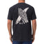 Rear view of men's Pray Tee in black featuring skeletal hands holding a surfboard, showcasing beach-inspired comfort apparel.