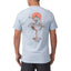 Man wearing a light blue Marlinrita Tee showing back with fish cocktail graphic, surf-inspired comfort apparel