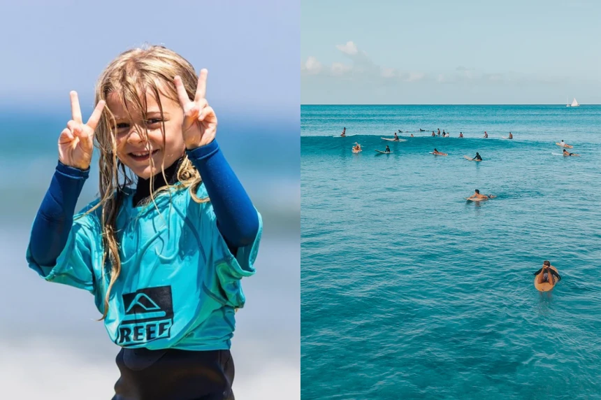 Side by side of a child taking surf lessons and surfers in a lineup.