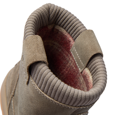 Campfire Ember close up of the heel collar facing forward with soft lining and stitched panels