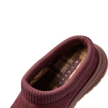 Campfire Lodge clog facing lower left, close-up of the plush plaid-lined opening and cushioned collar