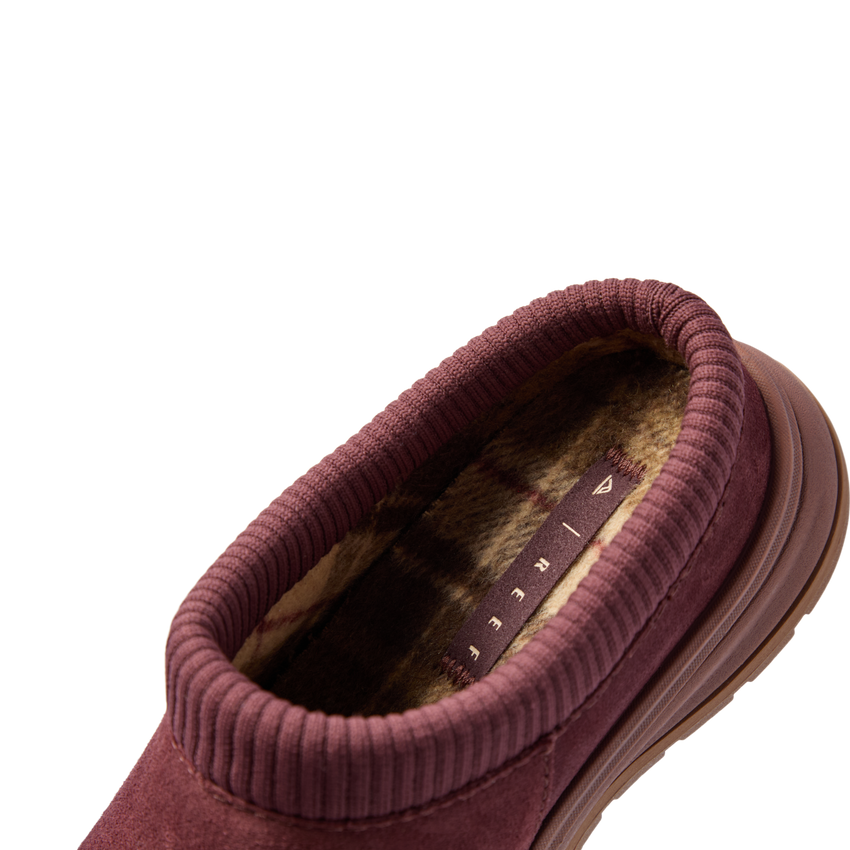 Campfire Lodge clog facing lower left, close-up of the plush plaid-lined opening and cushioned collar