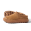 Campfire Lodge tan suede clogs facing left with ribbed collars and cushioned soles