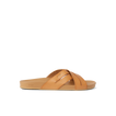Cushion Spring Bloom sandal facing right, tan vegan leather straps, lightweight footbed with arch support for beach comfort.
