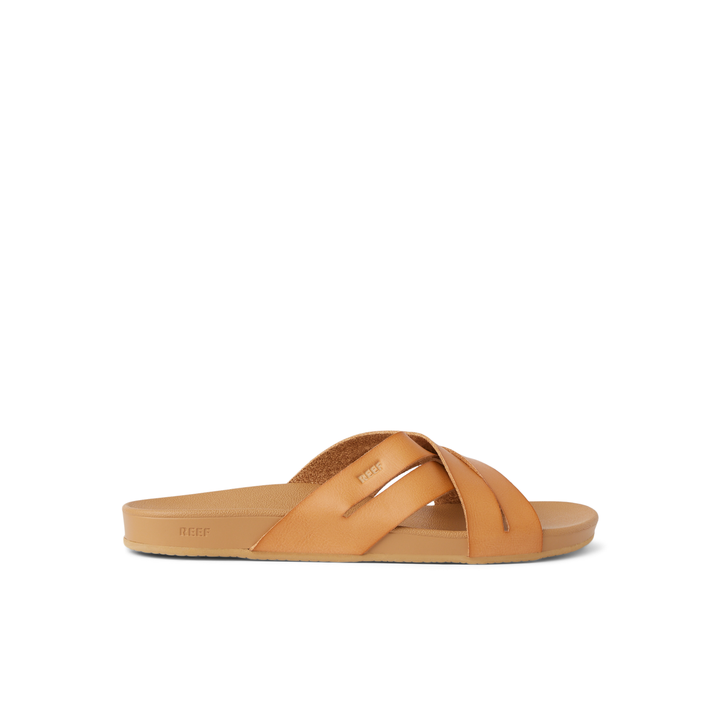 Cushion Spring Bloom sandal facing right, tan vegan leather straps, lightweight footbed with arch support for beach comfort.