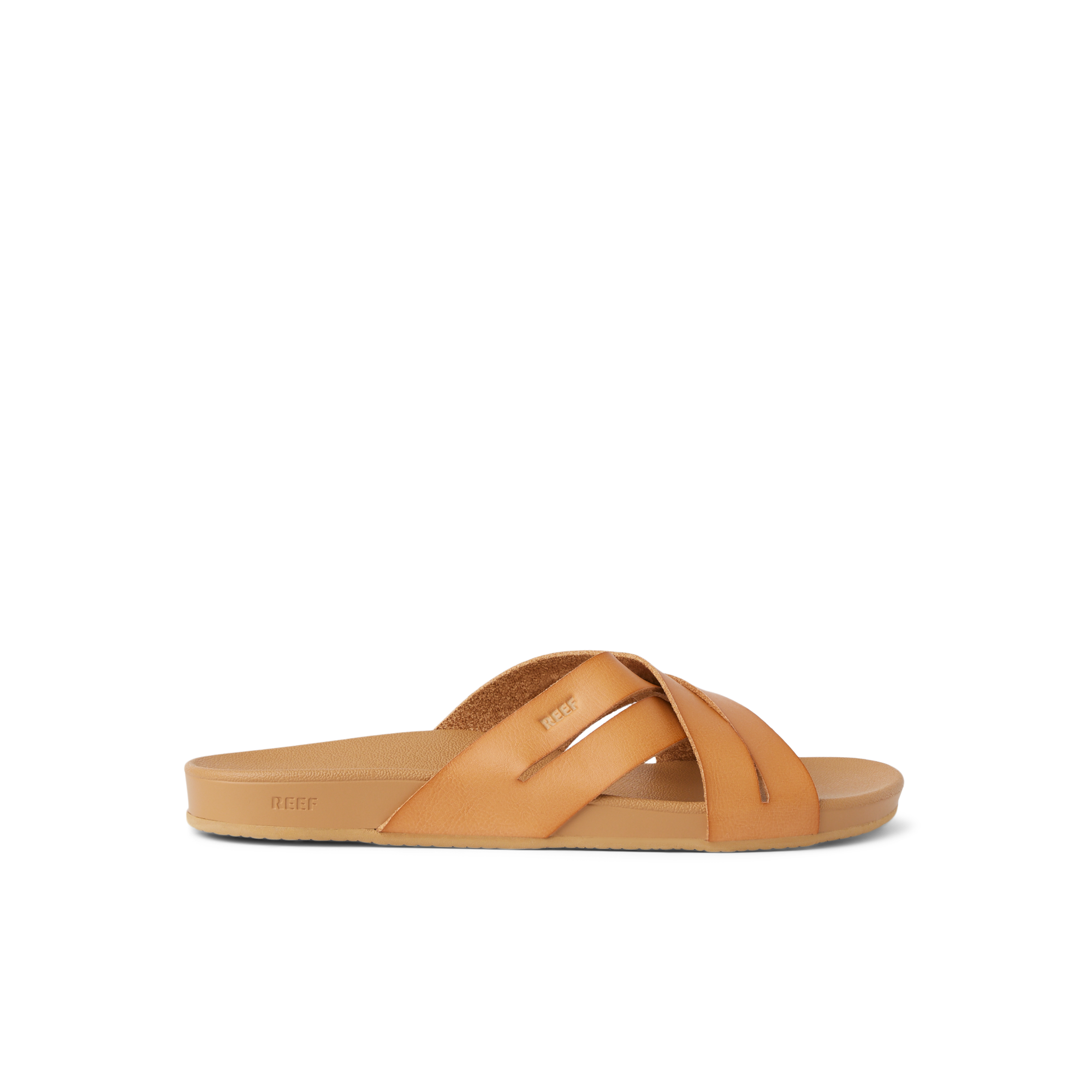Cushion Spring Bloom sandal facing right, tan vegan leather straps, lightweight footbed with arch support for beach comfort.