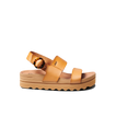Vista Hi Buckle women's tan platform sandal facing right with vegan leather straps, slingback design and tortoise buckle