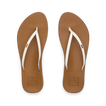 Top view of women's Cushion Slim flip flops in tan footbed with white straps, lightweight, water-friendly beach sandals.