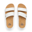 Top view of Cushion Vista Higher women's sandals with white straps and cork footbeds, designed for comfort and beach wear.