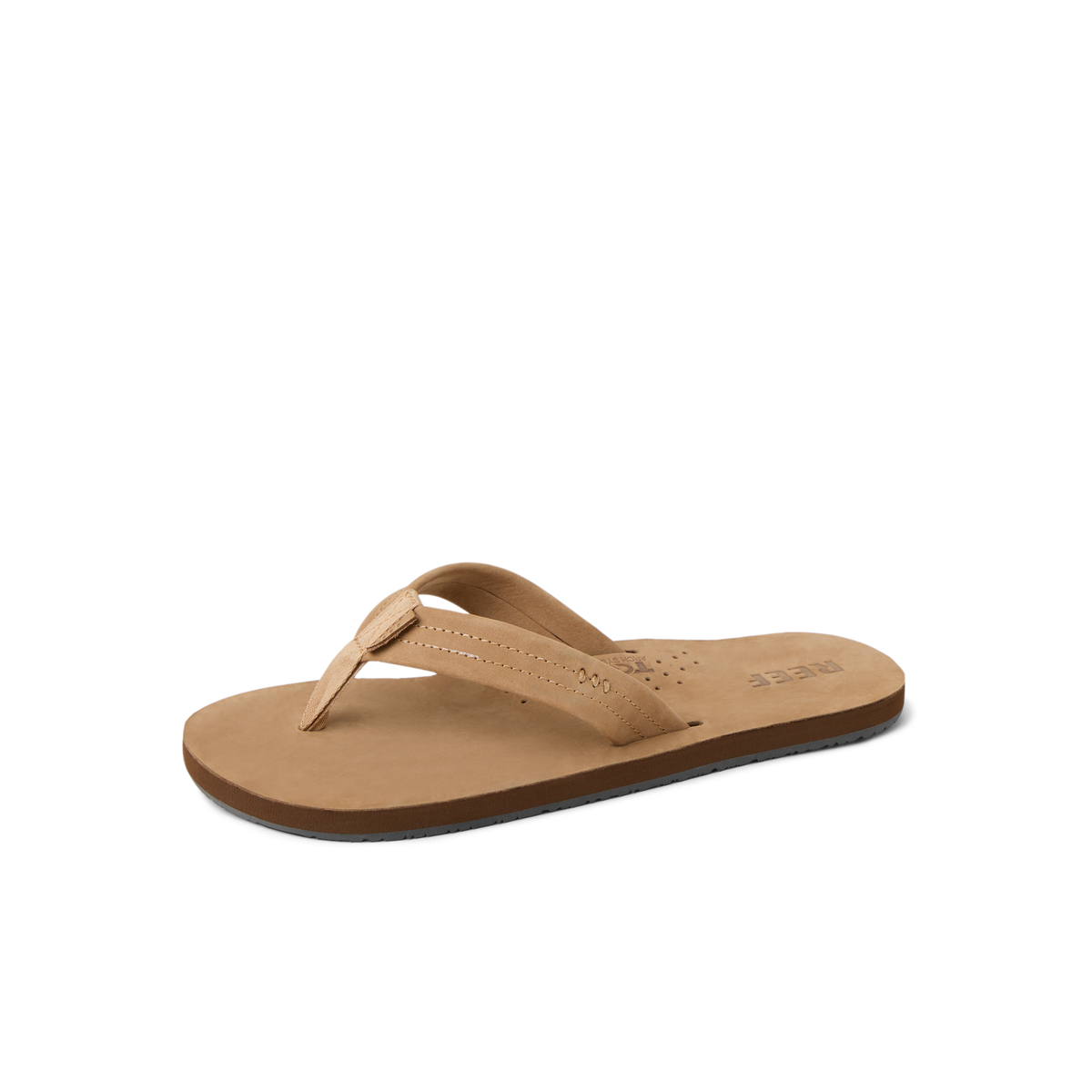 Reef Draftsmen men's tan leather sandal facing left with cushioned footbed and high arch support
