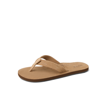 Reef Draftsmen men's tan leather sandal facing left with cushioned footbed and high arch support