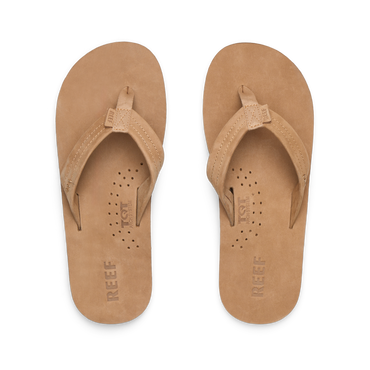Reef Draftsmen men's tan leather sandals viewed from above, toes facing upward with cushioned footbeds and arch support