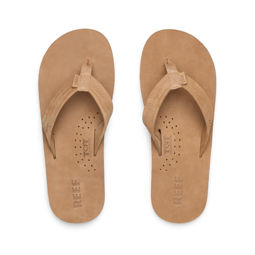 Reef Draftsmen men's tan leather sandals viewed from above, toes facing upward with cushioned footbeds and arch support
