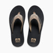 Top view of Fanning men's black and fossil brown sandals with extra cushioning and arch support for beach comfort.