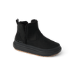 Black ankle boot facing right, with plush fleece lining and a thick textured rubber sole.
