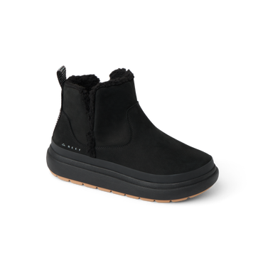 Black ankle boot facing right, with plush fleece lining and a thick textured rubber sole.