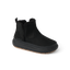 Black ankle boot facing right, with plush fleece lining and a thick textured rubber sole.