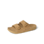 Ojai Two Bar sandal facing right, close-up of tan suede upper with dual straps and comfort footbed for women.