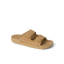 Ojai Two Bar slide sandal facing left, showing side view with dual straps in tan suede and soft cushioning for comfort.