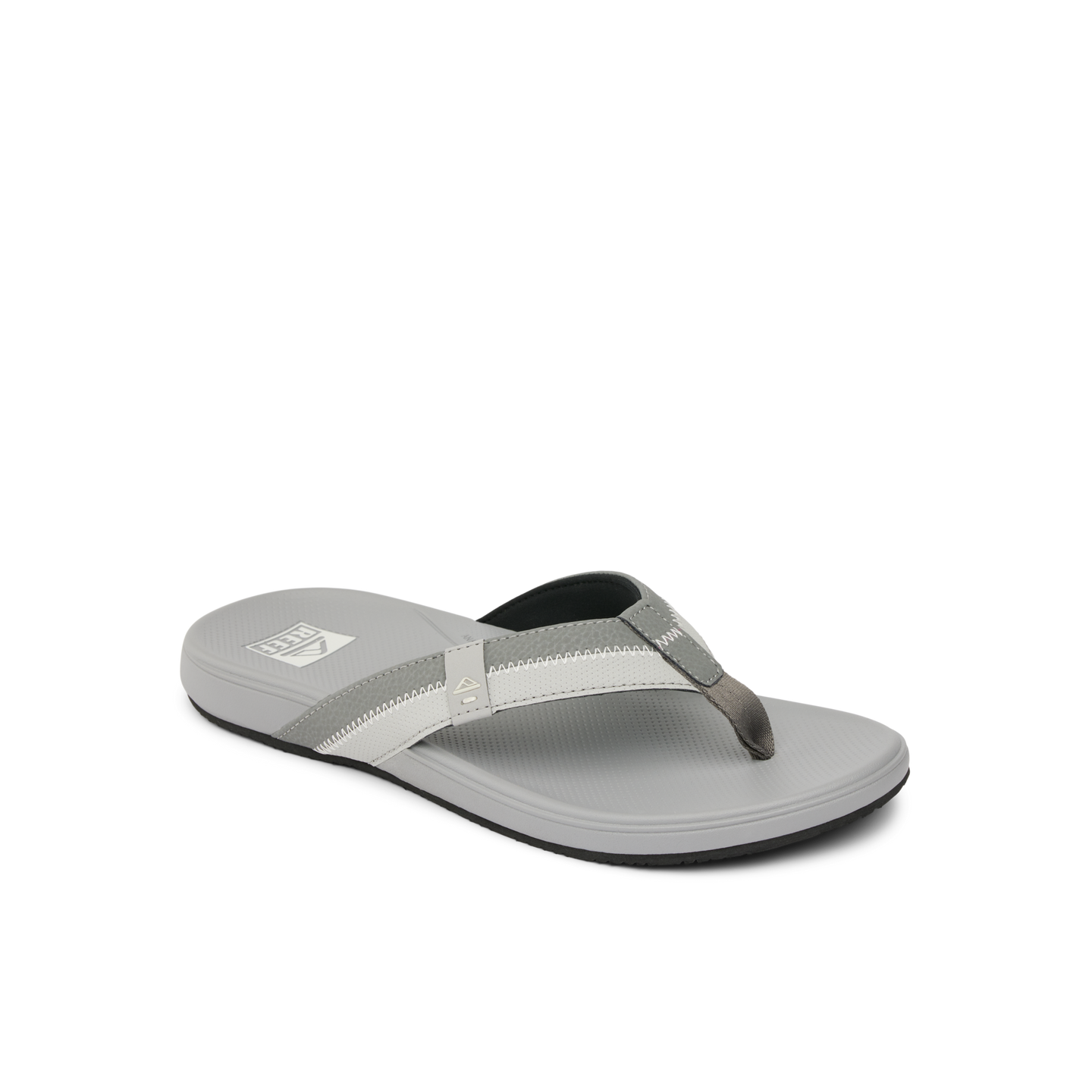 Cushion Phantom 2.0 grey sandal facing right, close-up of toe post and cushioned footbed for comfort and support