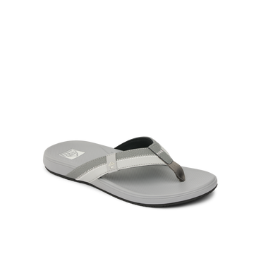 Cushion Phantom 2.0 grey sandal facing right, close-up of toe post and cushioned footbed for comfort and support