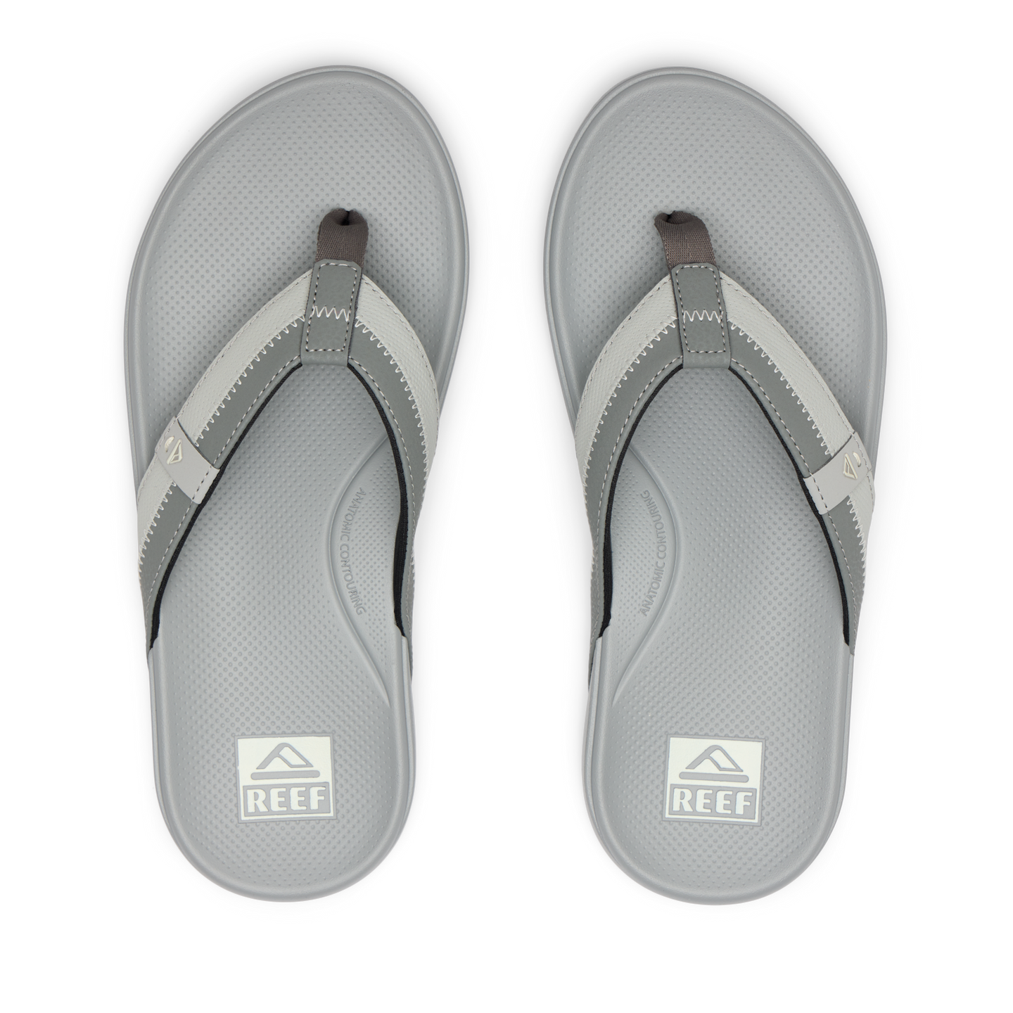 Top view of grey Cushion Phantom 2.0 men's sandals featuring anatomical arch support and soft cushioning for beach comfort.