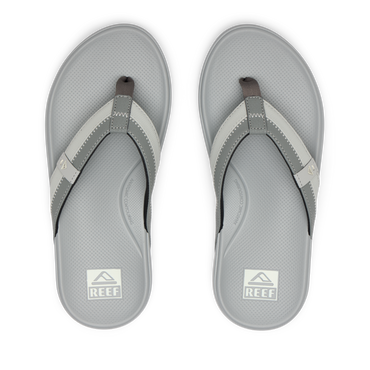 Top view of grey Cushion Phantom 2.0 men's sandals featuring anatomical arch support and soft cushioning for beach comfort.