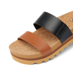 Close-up of Cushion Vista Hi sandal facing right, showing cork footbed and dual black and brown straps for comfort.