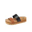 Cushion Vista Hi sandal facing right with tan and black straps, cork footbed, and comfort-focused platform sole.