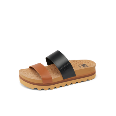 Cushion Vista Hi sandal facing right with tan and black straps, cork footbed, and comfort-focused platform sole.