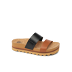 Cushion Vista Hi women's sandal facing right, dual black and brown straps, cork footbed, beach-inspired comfort design