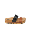 Cushion Vista Hi sandal facing left, beach-inspired with black and brown straps, cork footbed, and soft cushioning.
