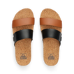 Cushion Vista Hi women's sandals top view showing cork footbeds with black and tan straps, designed for beach comfort.