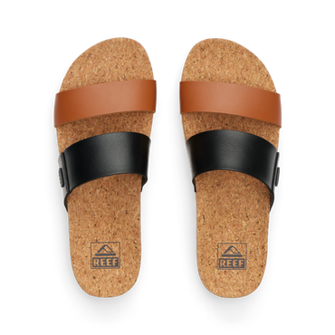 Cushion Vista Hi women's sandals top view showing cork footbeds with black and tan straps, designed for beach comfort.