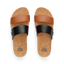 Cushion Vista Hi women's sandals top view showing cork footbeds with black and tan straps, designed for beach comfort.