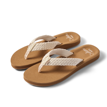 Pair of Baja Maria sandals for women facing left, featuring braided straps and cushioned footbeds for beach comfort.