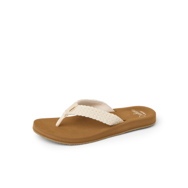 Baja Maria women's sandal facing left, close-up of soft cushioned footbed and woven cream strap for beach comfort.