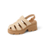 Vista Luxe Lucie women's sandal facing left, platform sole with cushioned arch support, woven raffia upper close-up.