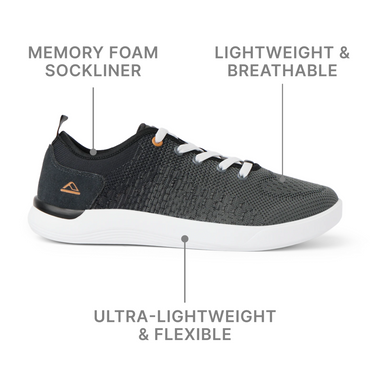 Neso men's shoe facing right, close-up side view highlighting lightweight, breathable knit upper with memory foam sockliner.