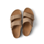 Top view of Phantom Tradewind tan men's sandals with adjustable straps, cushioned footbed, and anatomical arch support for beach comfort.