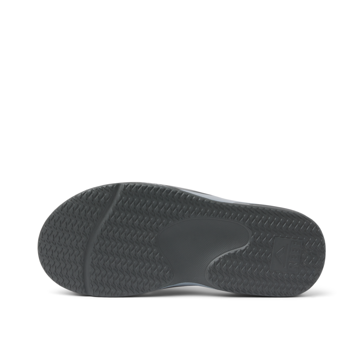 Fanning H2O grey flip flop close up with the textured outsole facing the camera for water friendly traction